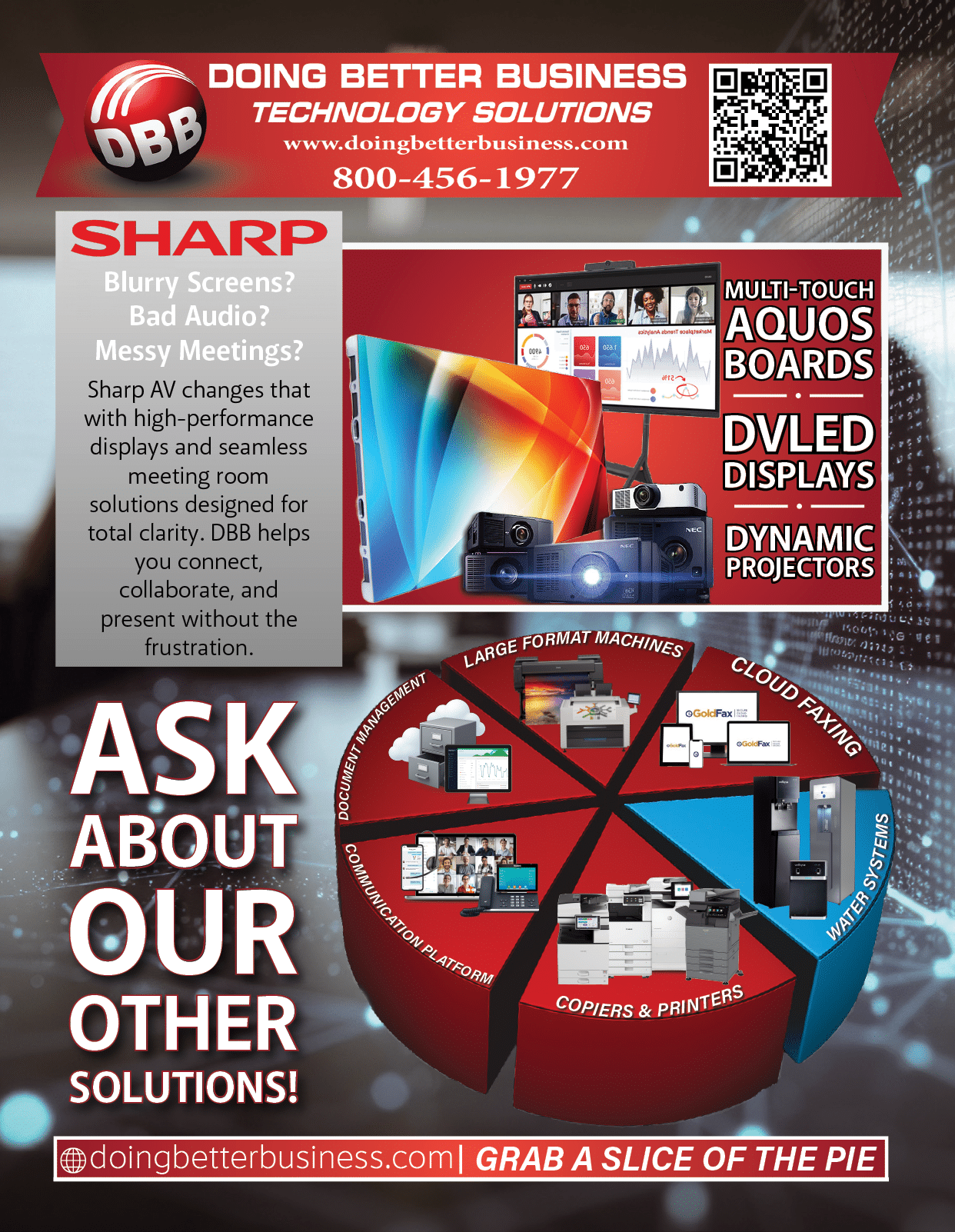 A colorful infographic promoting Doing Better Business technology solutions highlights Sharp Aquos boards, DVLED displays, dynamic projectors, and various office machines with a pie chart labeled “Grab a slice of the pie." Description generated by AI