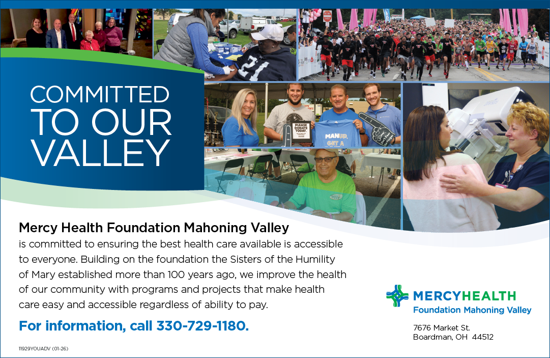 A collage showing people participating in various community health activities including a group photo, a race, a health screening, and a medical procedure, alongside text about Mercy Health Foundation Mahoning Valley's commitment to accessible healthcare. Description generated by AI