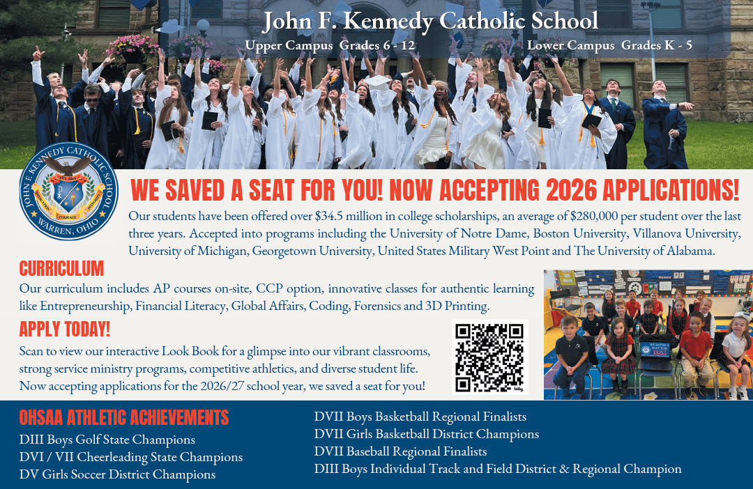 Graduates in caps and gowns celebrate outdoors above a colorful school flyer announcing acceptance of applications, scholarships, curriculum details, and athletic achievements for John F. Kennedy Catholic School. Description generated by AI