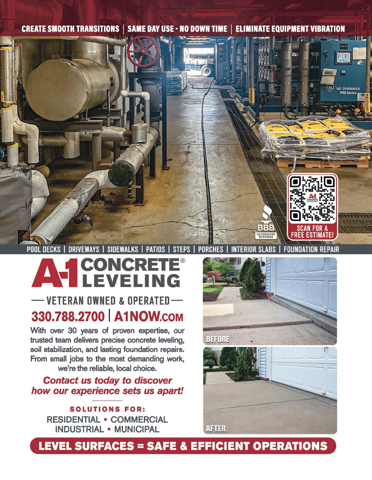 An advertisement for A-1 Concrete Leveling showing industrial pipes, a QR code for a free estimate, and before and after photos of concrete leveling work on a driveway. Description generated by AI