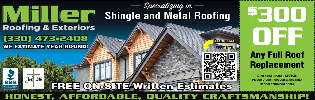 A white sign with black numbers and letters that says “Mill Roofing & Exteriors". Description generated by AI