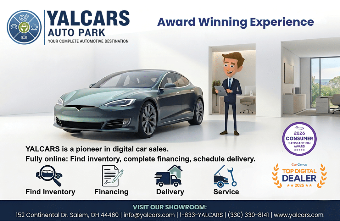 A sleek electric car is displayed next to a person in business attire holding a tablet inside a modern showroom with text promoting digital car sales, financing, delivery, and service from Yalcars Auto Park. Description generated by AI