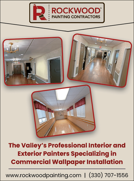 A promotional graphic for Rockwood Painting Contractors featuring photos of clean, well-lit interior hallways and rooms with wood flooring and neutral-colored walls, highlighting their specialization in commercial wallpaper installation. Description generated by AI