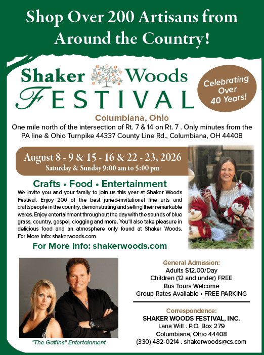 A colorful flyer promotes the Shaker Woods Festival in Columbiana, Ohio, featuring crafts, food, entertainment, event dates, admission details, and a photo of two adults in casual clothing smiling and posing together. Description generated by AI