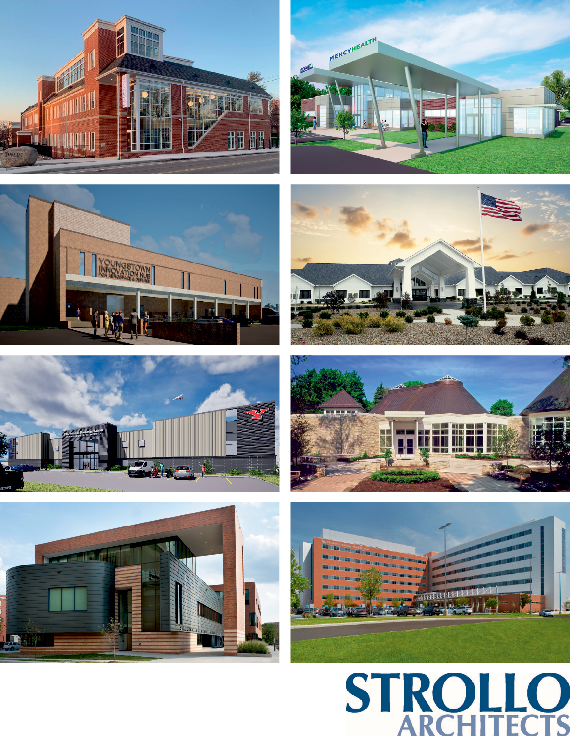 A collage of eight modern and traditional buildings including educational, medical, and commercial facilities under clear skies with some people and vehicles visible. Description generated by AI