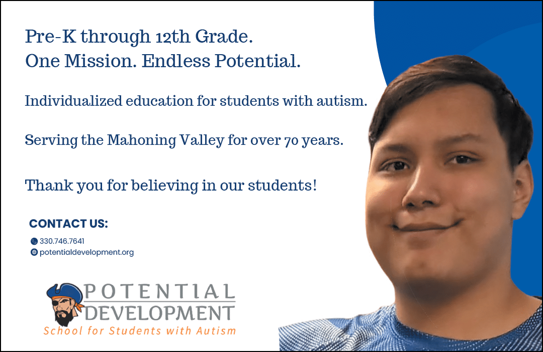 A white sign with black letters that says “Potential Development Program, Inc.". Description generated by AI