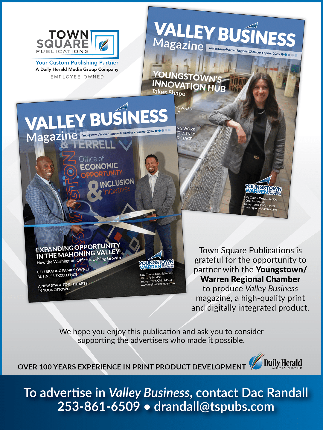 Two magazine covers for Valley Business Magazine feature adults in business attire posing in professional settings, accompanied by text promoting advertising opportunities with Town Square Publications and the Youngstown/Warren Regional Chamber. Description generated by AI