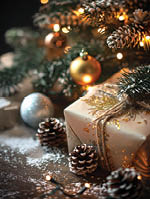 A gift wrapped in cream paper with gold glitter and tied with twine sits under a decorated Christmas tree. The tree is adorned with twinkling lights and pine cones dusted with snow. The warm glow of the lights creates a festive ambiance.