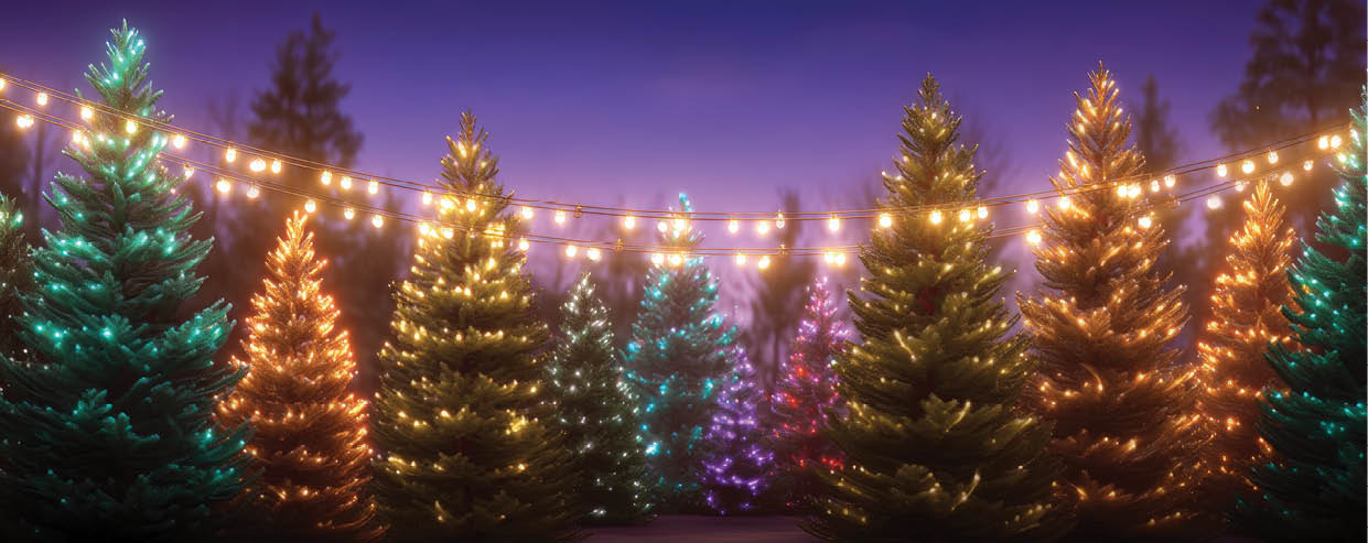 Row of evergreen trees decorated with colorful Christmas lights in a park at dusk.