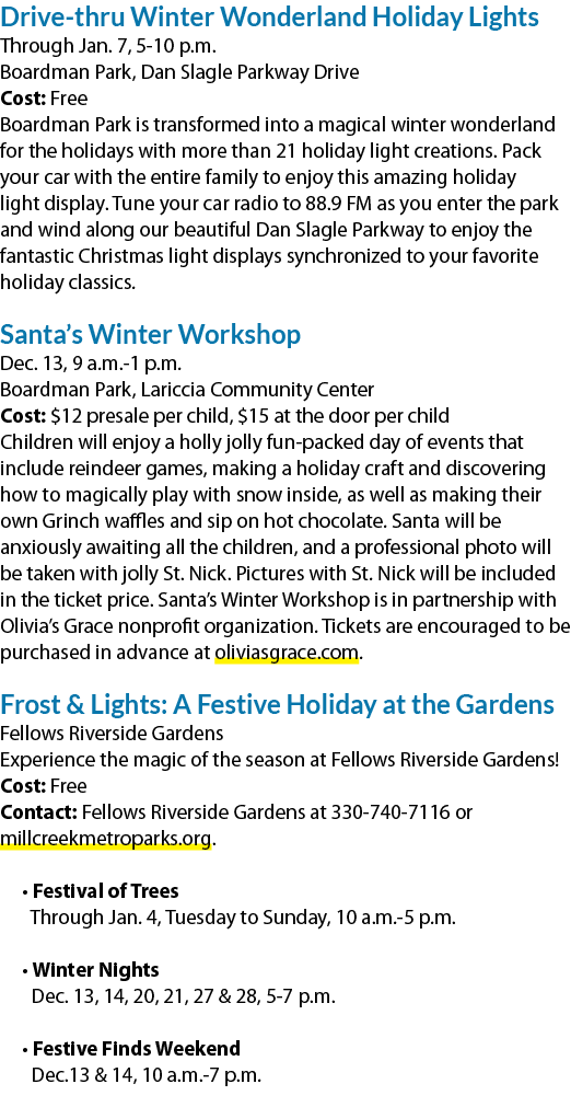 Drive thru Winter Wonderland Holiday Lights Through Jan. 7, 5 10 p.m. Boardman Park, Dan Slagle Parkway Drive Cost: F...