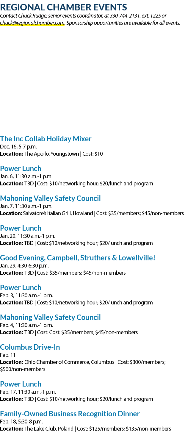 Regional Chamber Events Contact Chuck Rudge, senior events coordinator, at 330 744 2131, ext. 1225 or chuck@regionalc...