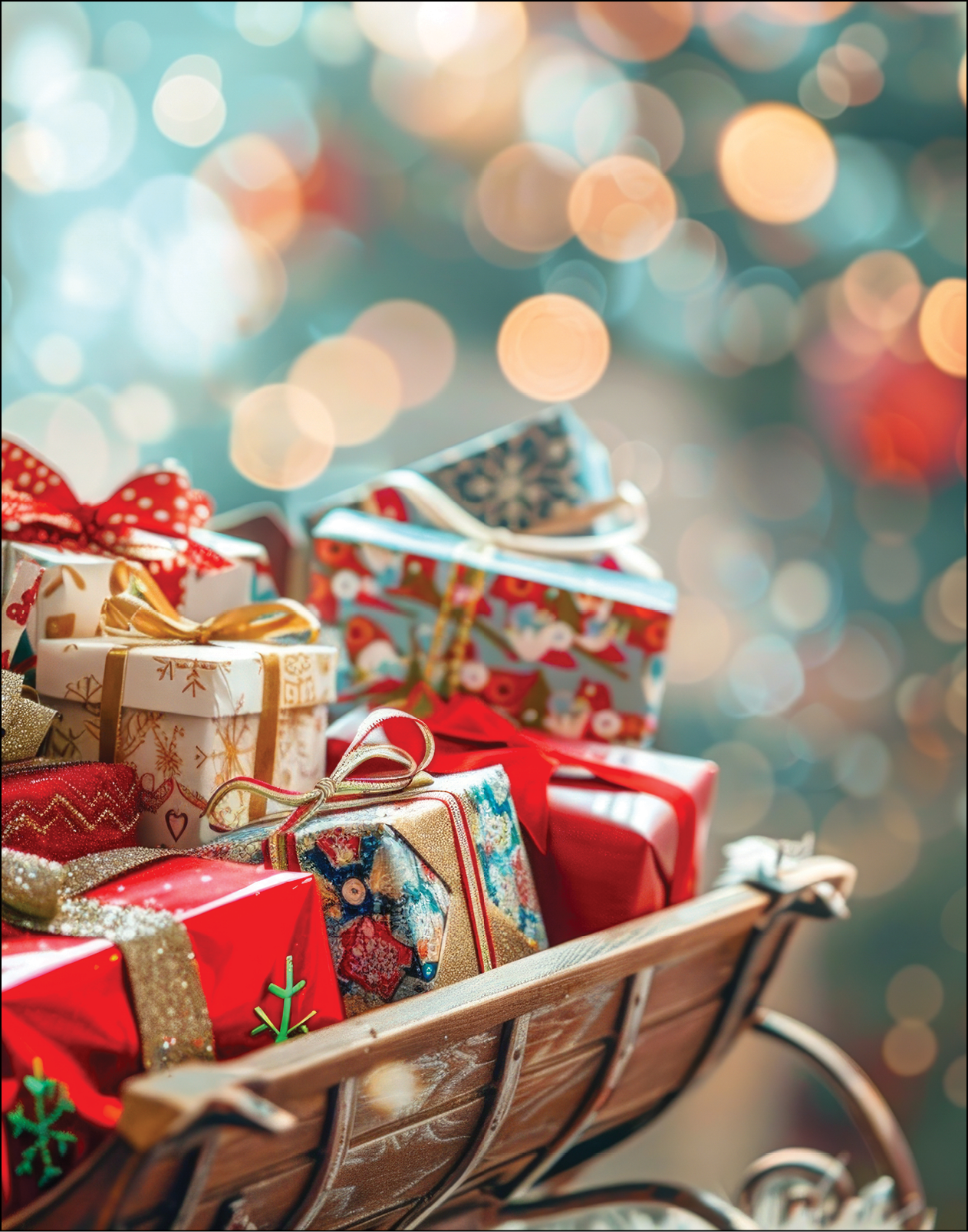 Christmas presents in a festive sleigh with sparkling bokeh background. Concept of holiday gifts, celebration, winter season, festive decoration. Vertical.