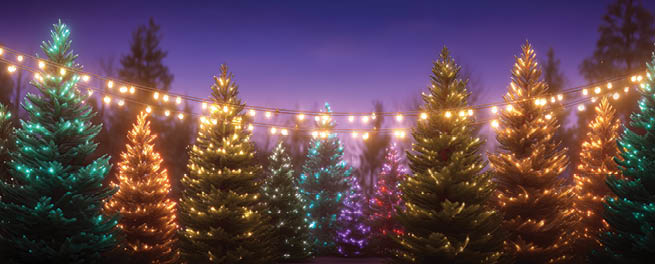 Row of evergreen trees decorated with colorful Christmas lights in a park at dusk.